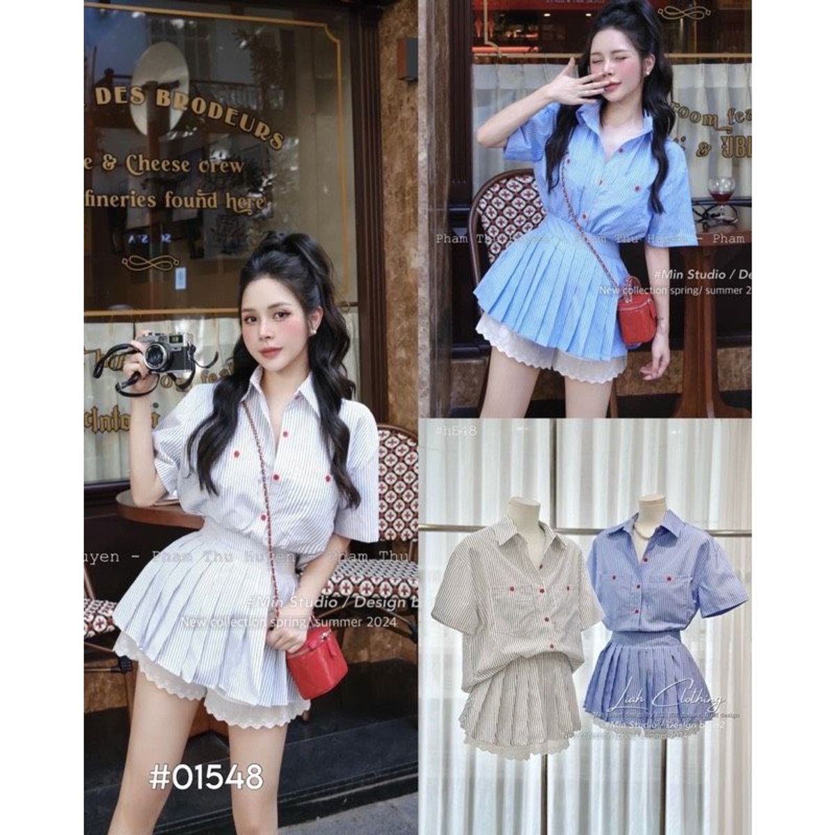 SET sơ mi sọc 2 túi nút đỏ kèm chân váy xếp ly ,có lót quần phối ren freesize dưới 55kg SET sơ mi sọc 2 túi nút đỏ kèm chân váy xếp ly ,có lót quần phối ren freesize dưới 55kg