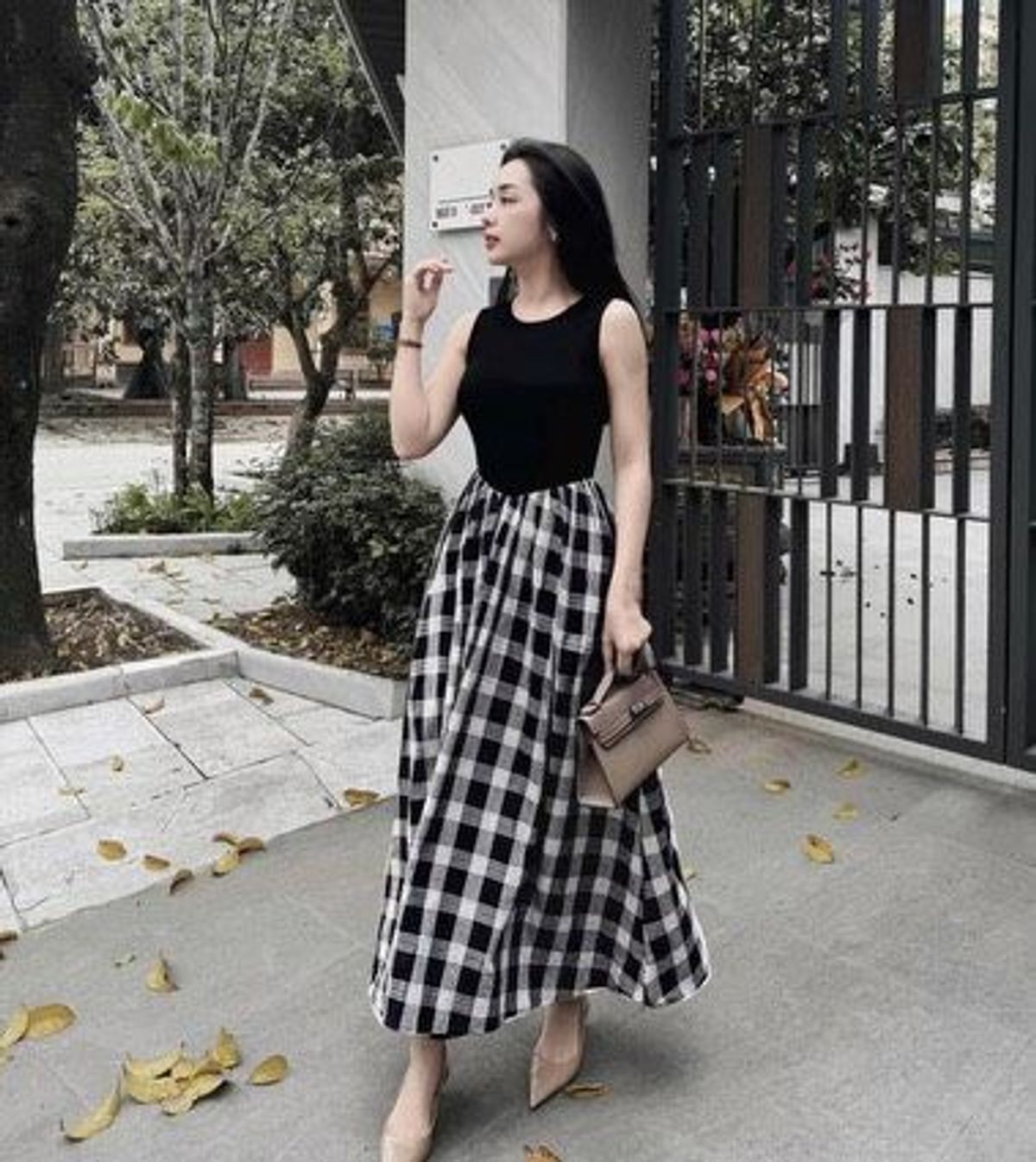 ĐẦM XÒE CARO PHỐI THUN - DT1820 ĐẦM XÒE CARO PHỐI THUN - DT1820