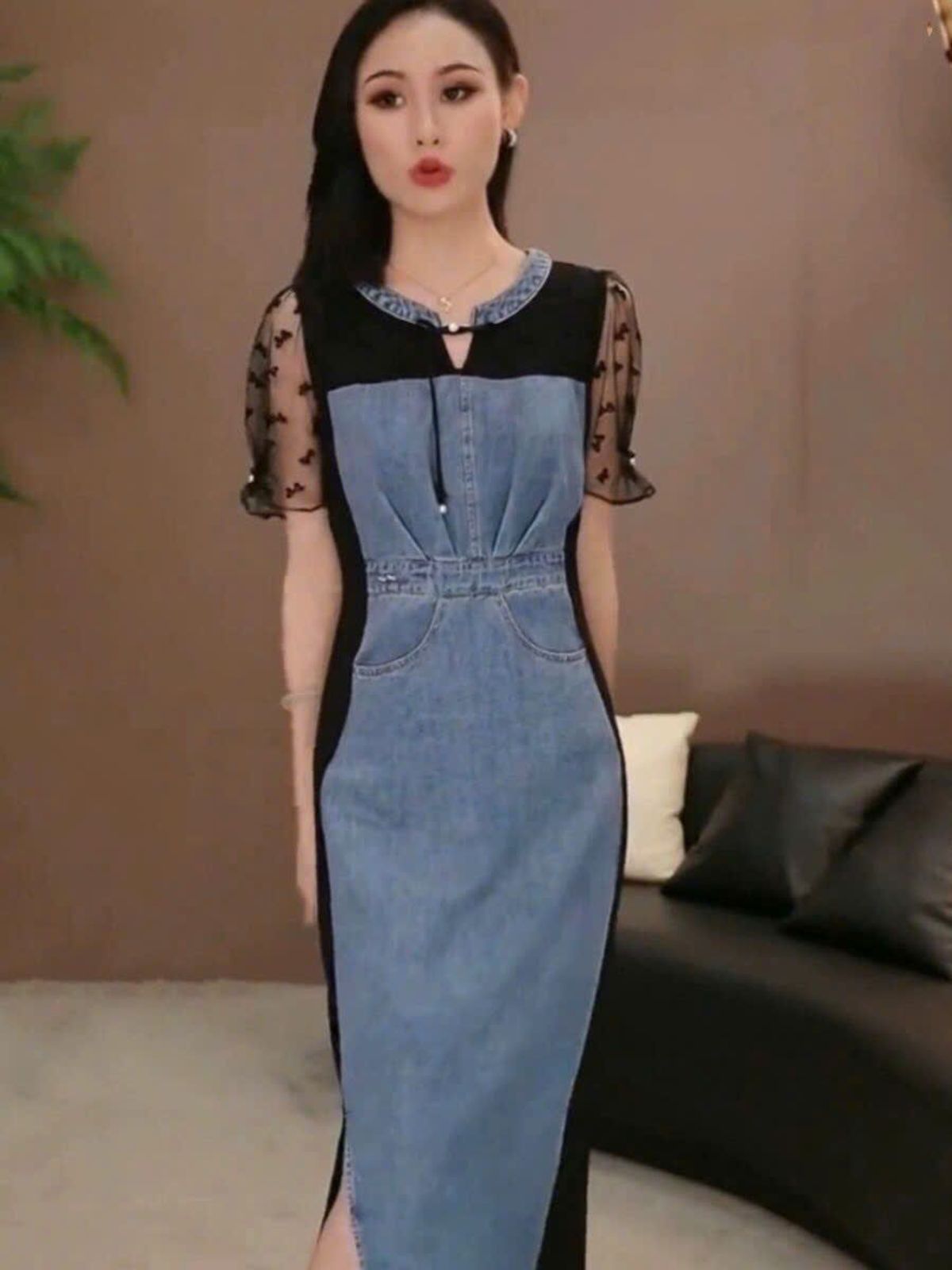 ĐẦM JEAN TAY REN LƯỚI ĐẦM JEAN TAY REN LƯỚI