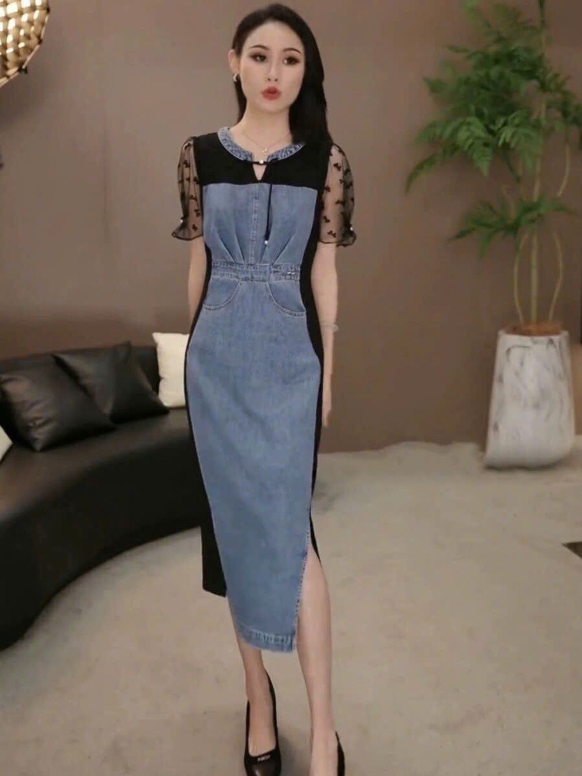 ĐẦM JEAN TAY REN LƯỚI ĐẦM JEAN TAY REN LƯỚI