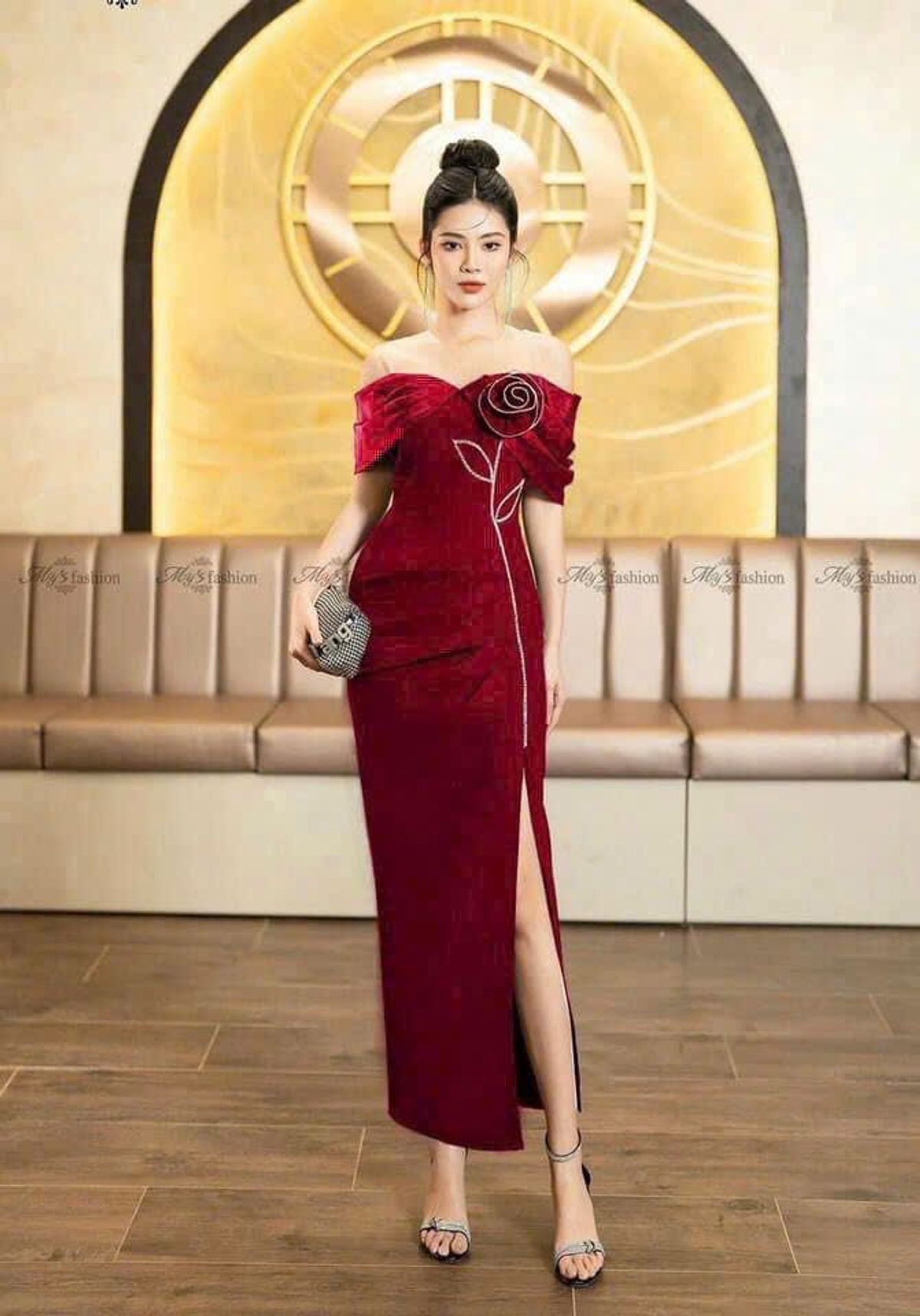 Đầm dạ hội cho nữ trễ vai kèm bông sang trọng hàng cao cấp Đầm dạ hội cho nữ trễ vai kèm bông sang trọng hàng cao cấp