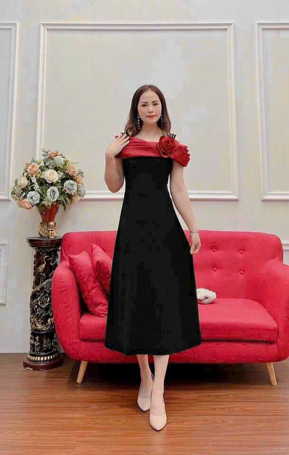 Đầm xoè trễ vai kèm bông sang trọng, hàng cao cấp Đầm xoè trễ vai kèm bông sang trọng, hàng cao cấp
