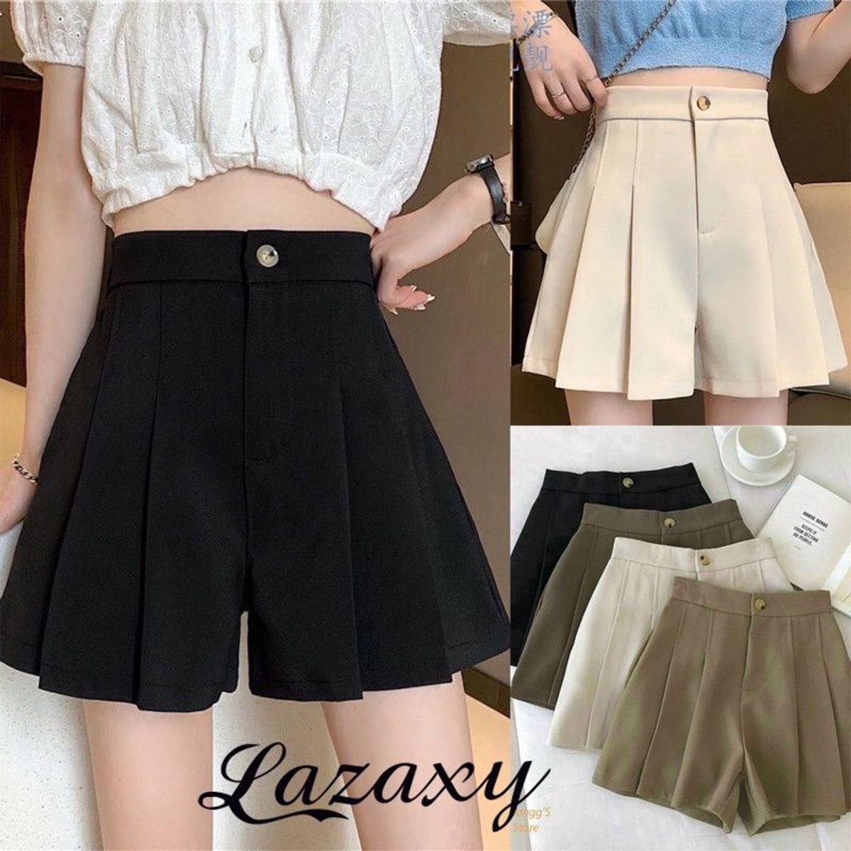 Quần short nữ xếp ly lưng thun sau Lazaxy chất cotton cao cấp quần đùi nữ ống rộng cạp cao màu đen trắng n Quần short nữ xếp ly lưng thun sau Lazaxy chất cotton cao cấp quần đùi nữ ống rộng cạp cao màu đen trắng n