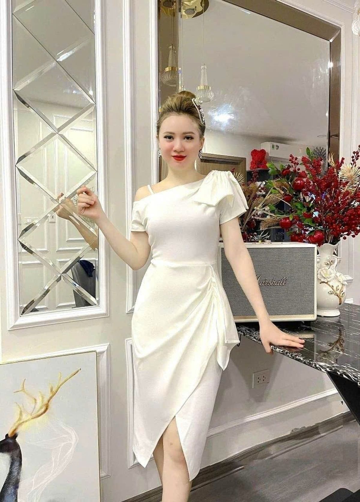 Đầm lệch vai nơ cao cấp - New Fashion Đầm lệch vai nơ cao cấp - New Fashion