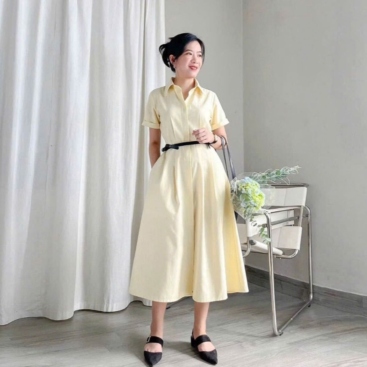 Đầm sơ mi sọc dáng dài thiết kế chiết eo tay ngắn-Lemme Đầm sơ mi sọc dáng dài thiết kế chiết eo tay ngắn-Lemme