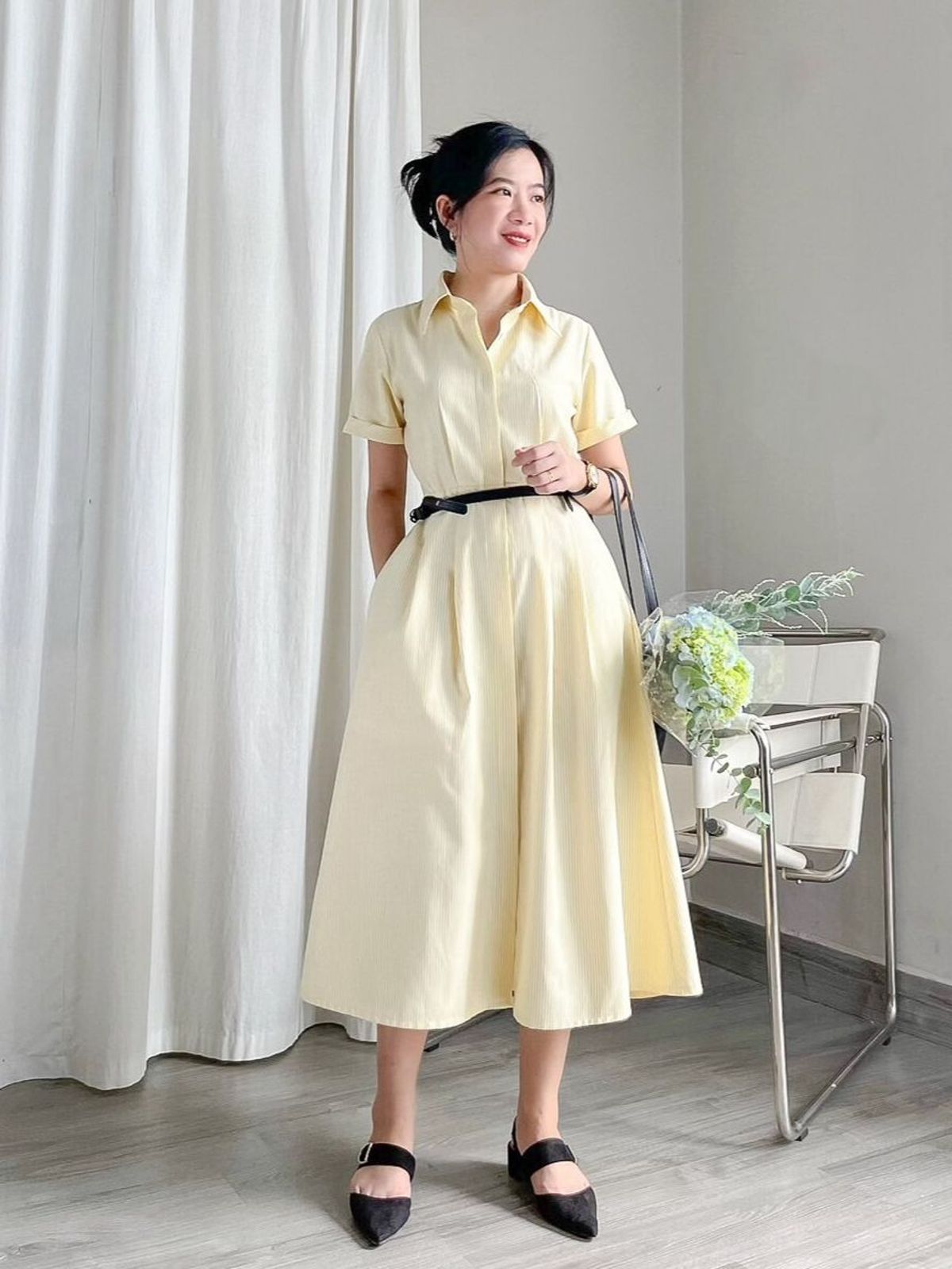 Đầm sơ mi sọc dáng dài thiết kế chiết eo tay ngắn-Lemme Đầm sơ mi sọc dáng dài thiết kế chiết eo tay ngắn-Lemme