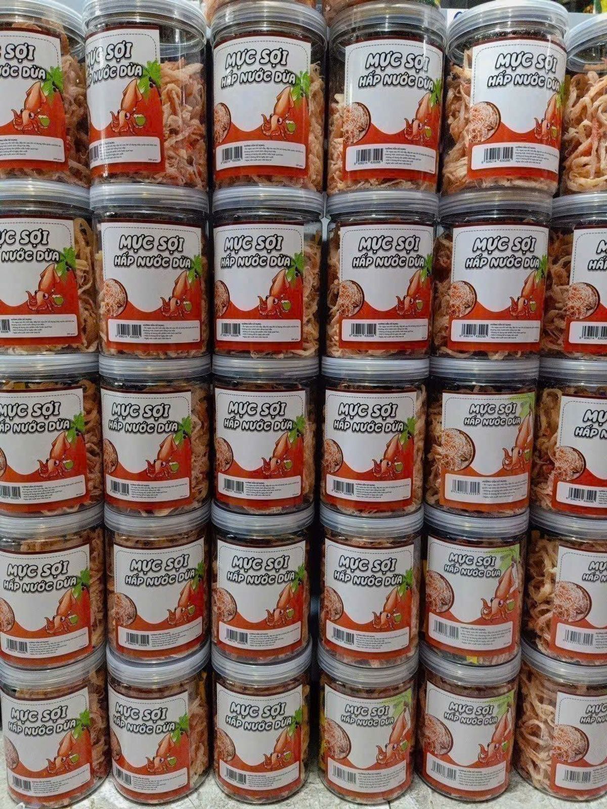 Mực sợi hấp nước dừa hủ 200G Mực sợi hấp nước dừa hủ 200G