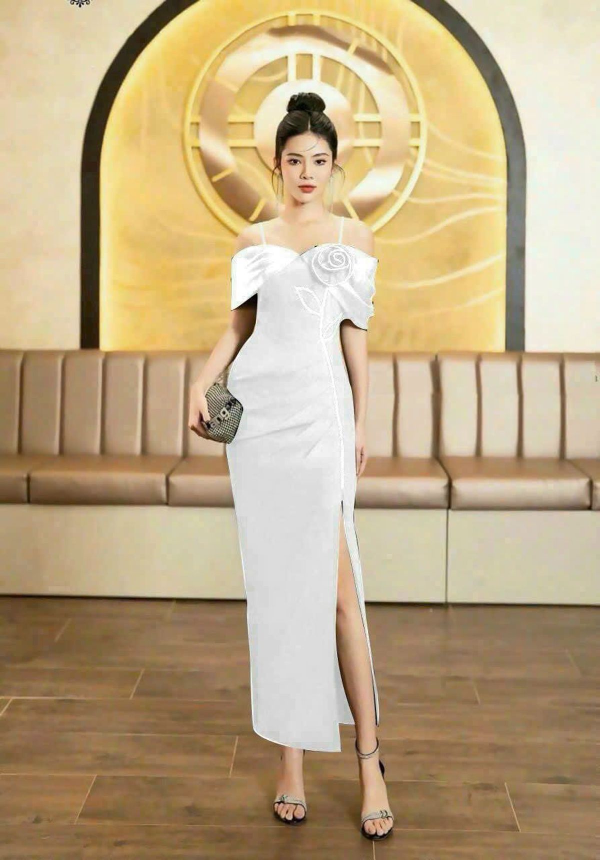 Đầm dạ hội trễ vai kèm bông thiết kế sang trọng hàng cao cấp Đầm dạ hội trễ vai kèm bông thiết kế sang trọng hàng cao cấp