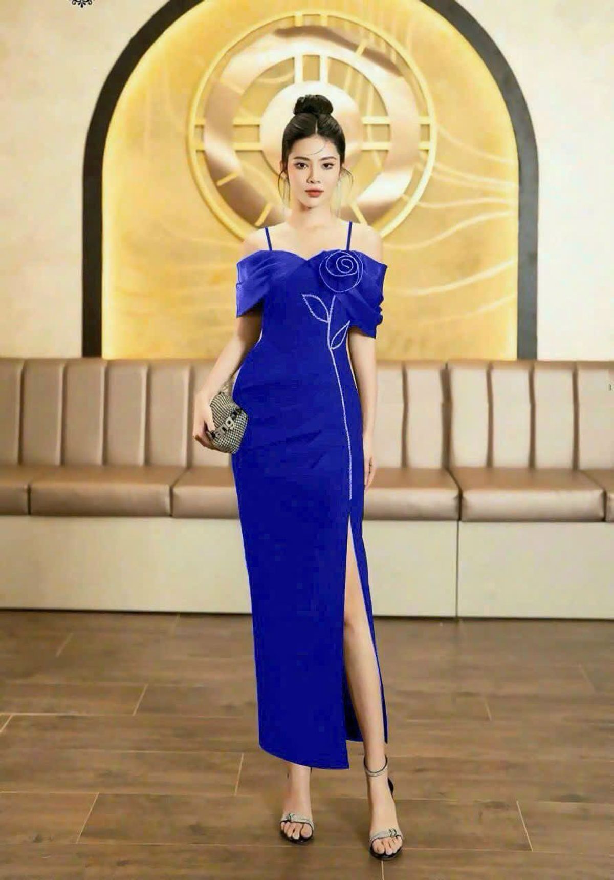 Đầm dạ hội trễ vai kèm bông thiết kế sang trọng hàng cao cấp Đầm dạ hội trễ vai kèm bông thiết kế sang trọng hàng cao cấp