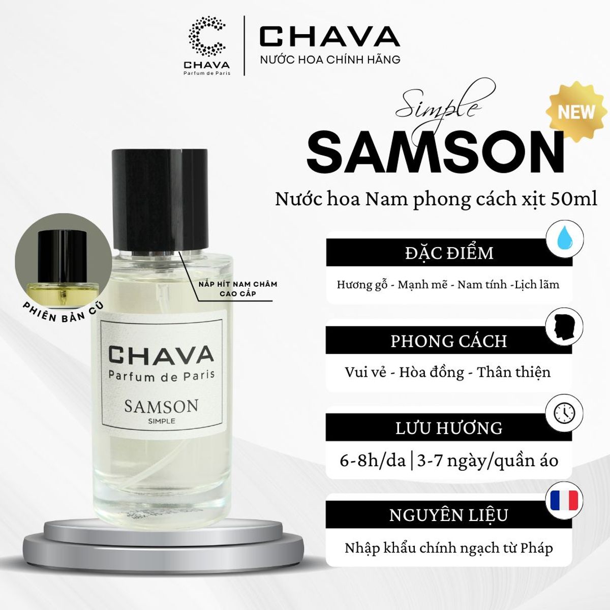 NƯỚC HOA SIMPLE SAMSON 50ML PHONG CÁCH XỊT NẮP NAM CHÂM CAO CẤP - CHAVA NƯỚC HOA SIMPLE SAMSON 50ML PHONG CÁCH XỊT NẮP NAM CHÂM CAO CẤP - CHAVA