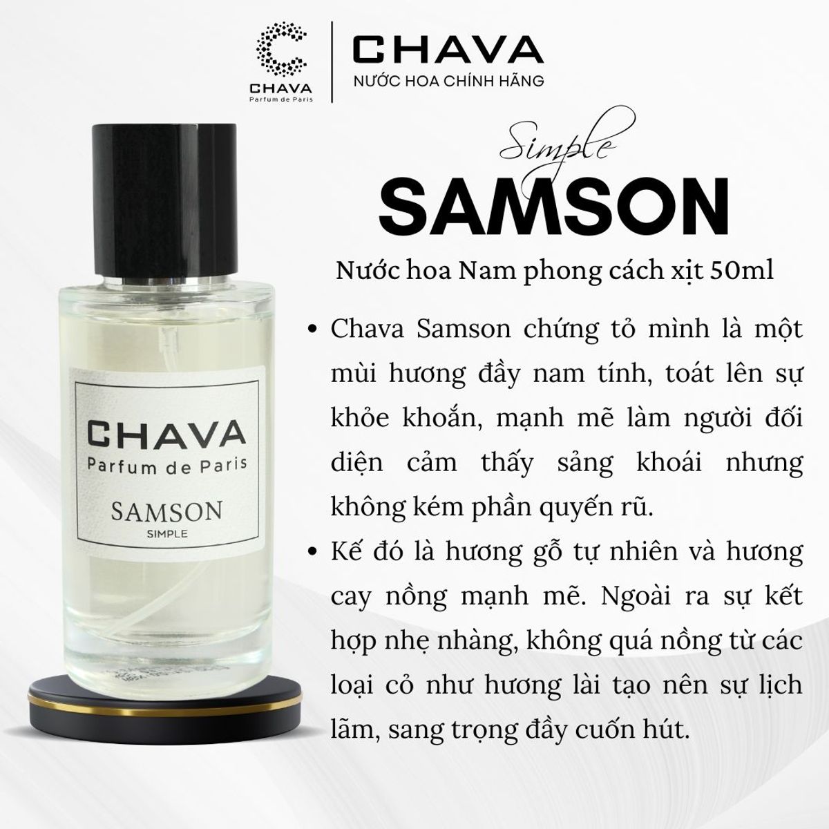 NƯỚC HOA SIMPLE SAMSON 50ML PHONG CÁCH XỊT NẮP NAM CHÂM CAO CẤP - CHAVA NƯỚC HOA SIMPLE SAMSON 50ML PHONG CÁCH XỊT NẮP NAM CHÂM CAO CẤP - CHAVA