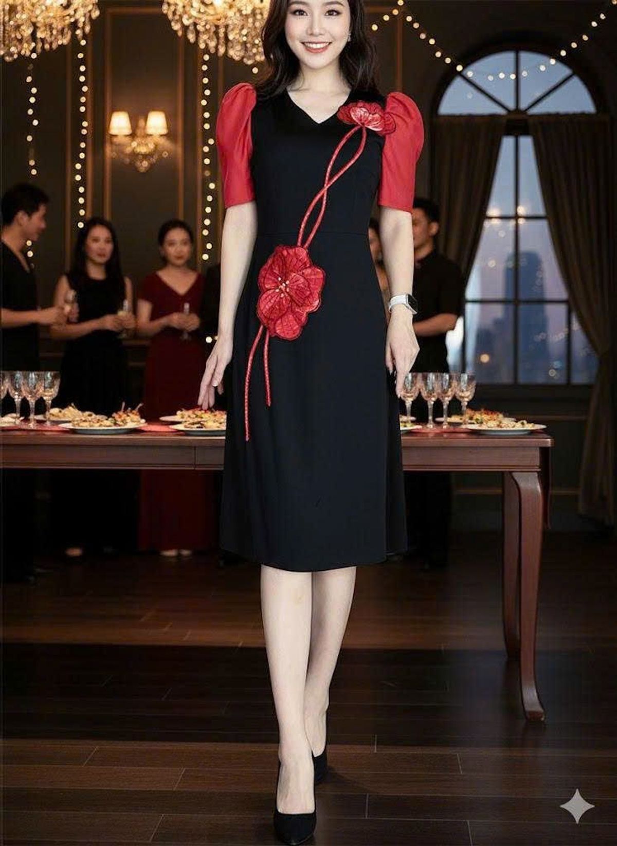Đầm xòe nữ phối bông bụng dọc sang trọng hàng cao cấp Đầm xòe nữ phối bông bụng dọc sang trọng hàng cao cấp