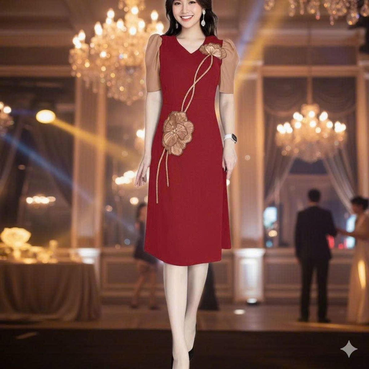 Đầm xòe nữ phối bông bụng dọc sang trọng hàng cao cấp Đầm xòe nữ phối bông bụng dọc sang trọng hàng cao cấp