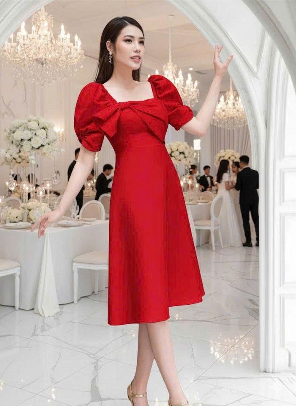 Đầm nữ xoè cổ vuông nơ cao cấp sang trọng Đầm nữ xoè cổ vuông nơ cao cấp sang trọng