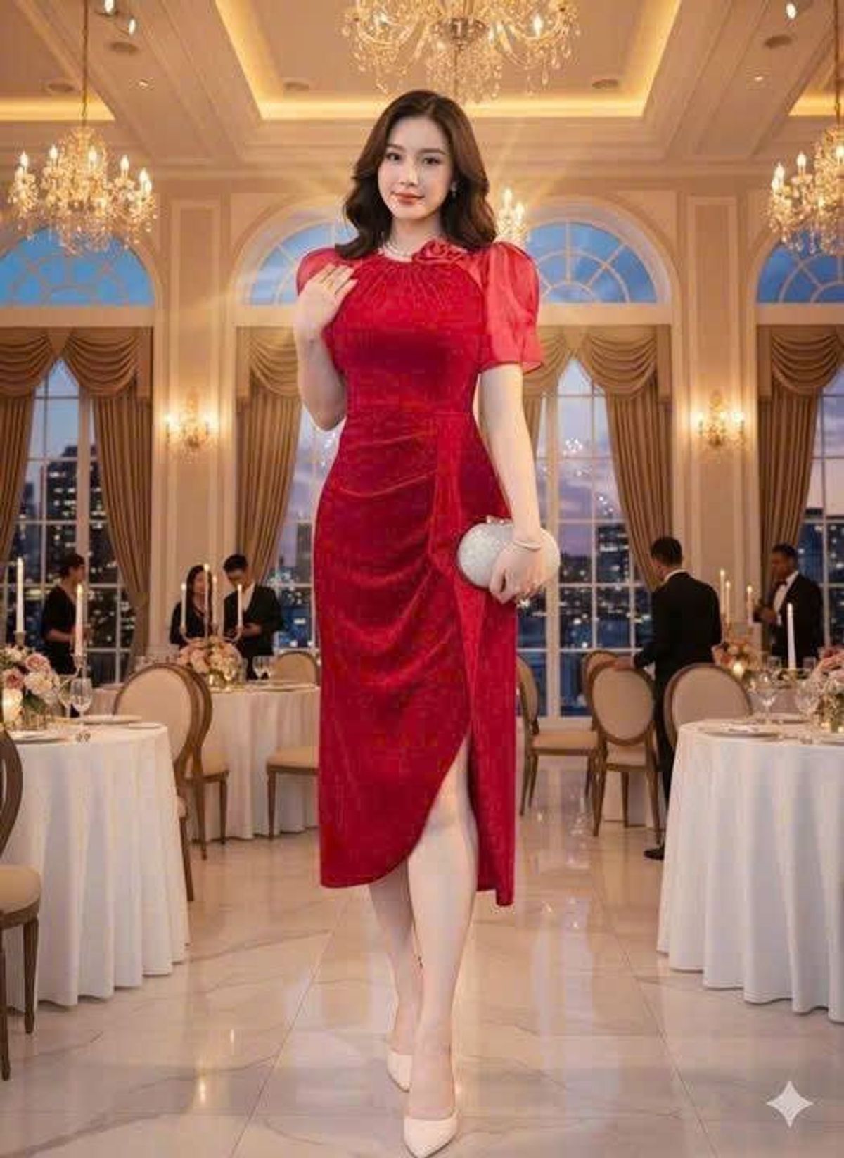 Đầm dự tiệc cổ yếm kết bông cườm sang trọng hàng cao cấp Đầm dự tiệc cổ yếm kết bông cườm sang trọng hàng cao cấp