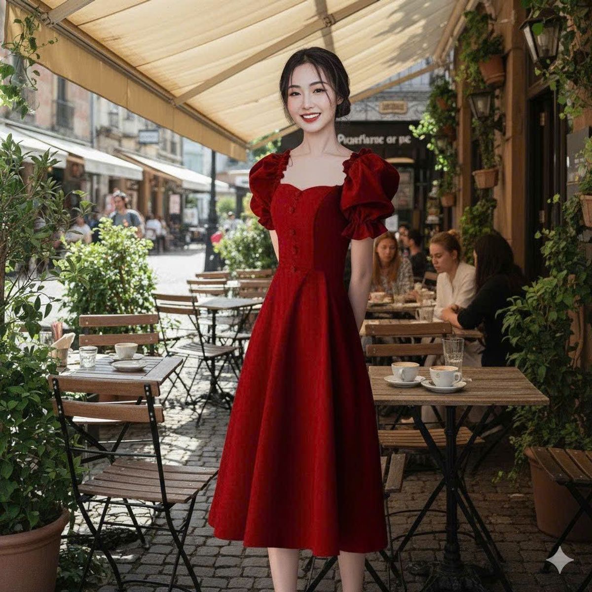 Đầm xoè cổ vuông nơ tay phồng sang trọng Đầm xoè cổ vuông nơ tay phồng sang trọng
