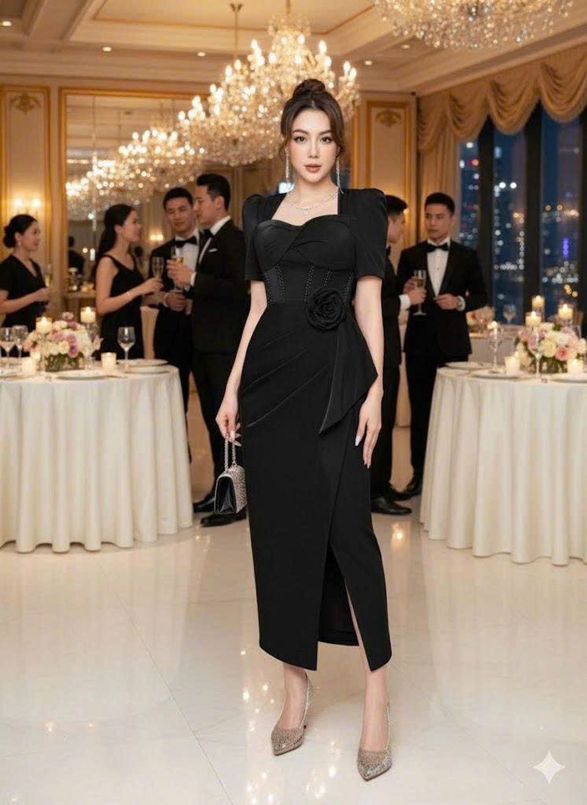 Đầm body cổ vuông đính kèm bông bụng sang trọng phù hợp dự tiệc Đầm body cổ vuông đính kèm bông bụng sang trọng phù hợp dự tiệc