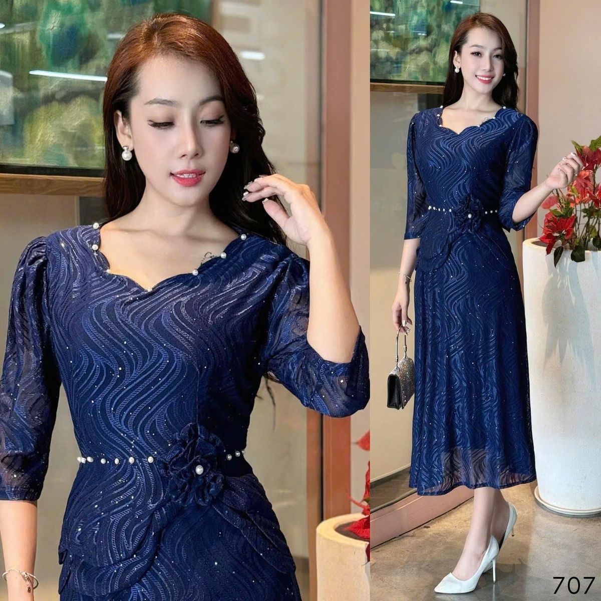 Đầm Midi trung niên dự tiệc sang trọng vải thun lưới tặng mẹ co giãn tốt bigsize 75kg M707 Đầm Midi trung niên dự tiệc sang trọng vải thun lưới tặng mẹ co giãn tốt bigsize 75kg M707