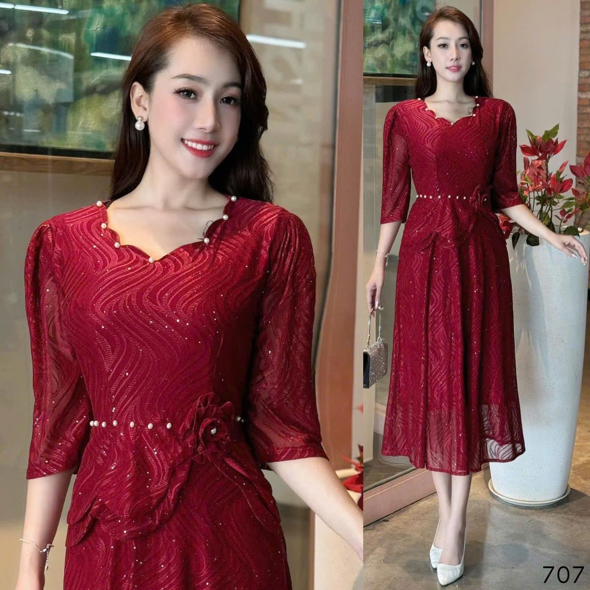 Đầm Midi trung niên dự tiệc sang trọng vải thun lưới tặng mẹ co giãn tốt bigsize 75kg M707 Đầm Midi trung niên dự tiệc sang trọng vải thun lưới tặng mẹ co giãn tốt bigsize 75kg M707