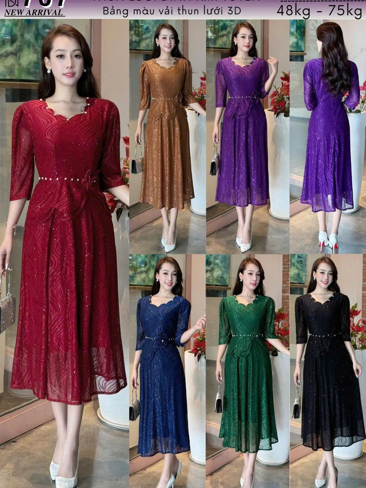 Đầm Midi trung niên dự tiệc sang trọng vải thun lưới tặng mẹ co giãn tốt bigsize 75kg M707 Đầm Midi trung niên dự tiệc sang trọng vải thun lưới tặng mẹ co giãn tốt bigsize 75kg M707