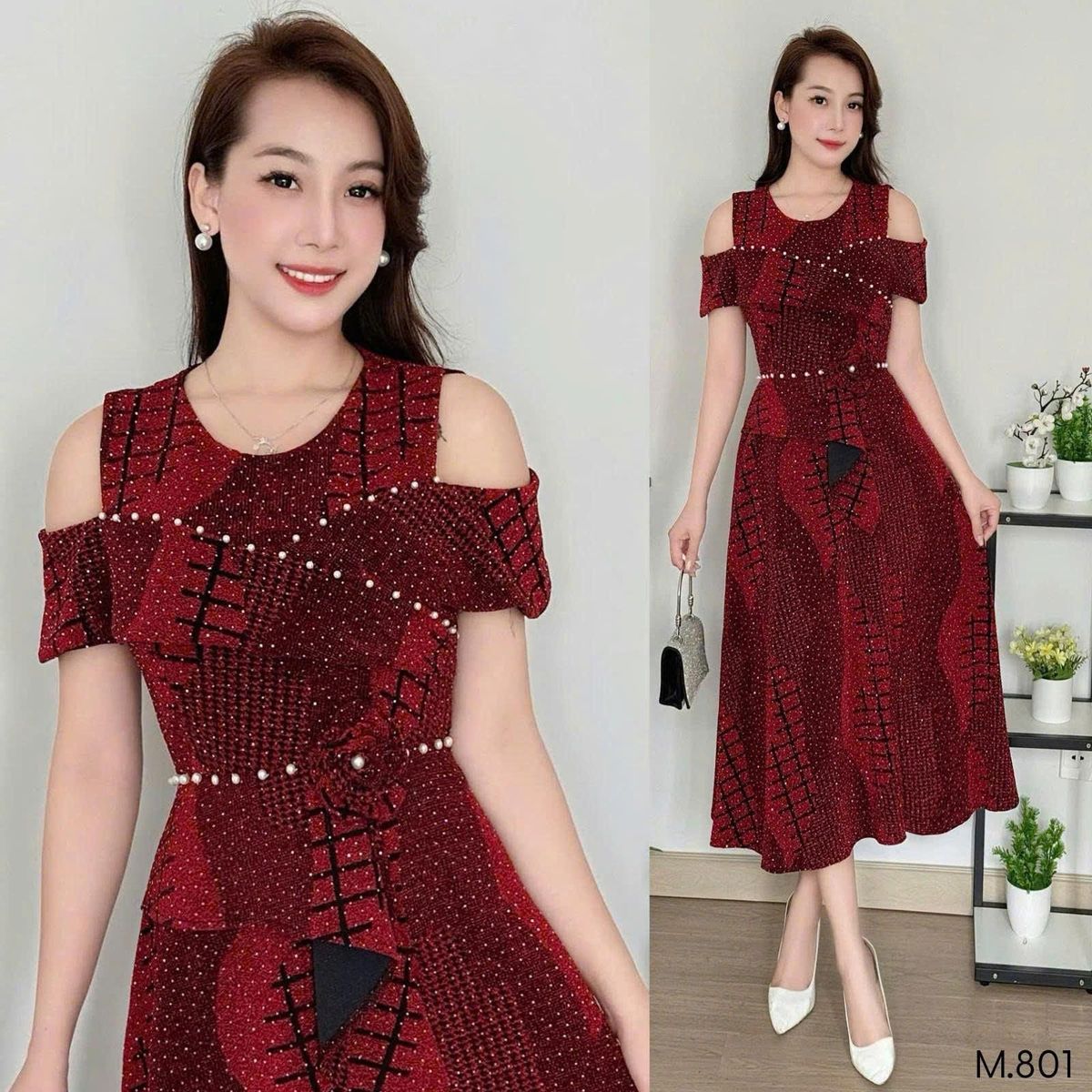 Đầm Midi trung niên dự tiệc sang trọng vải thun nhũ kim sa đính đá tặng mẹ co giãn tốt bigsize 75kg M801 Đầm Midi trung niên dự tiệc sang trọng vải thun nhũ kim sa đính đá tặng mẹ co giãn tốt bigsize 75kg M801