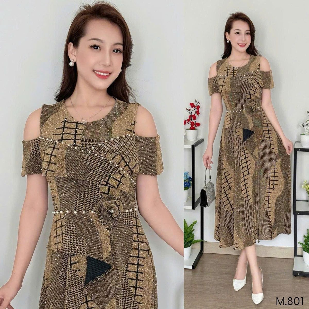 Đầm Midi trung niên dự tiệc sang trọng vải thun nhũ kim sa đính đá tặng mẹ co giãn tốt bigsize 75kg M801 Đầm Midi trung niên dự tiệc sang trọng vải thun nhũ kim sa đính đá tặng mẹ co giãn tốt bigsize 75kg M801