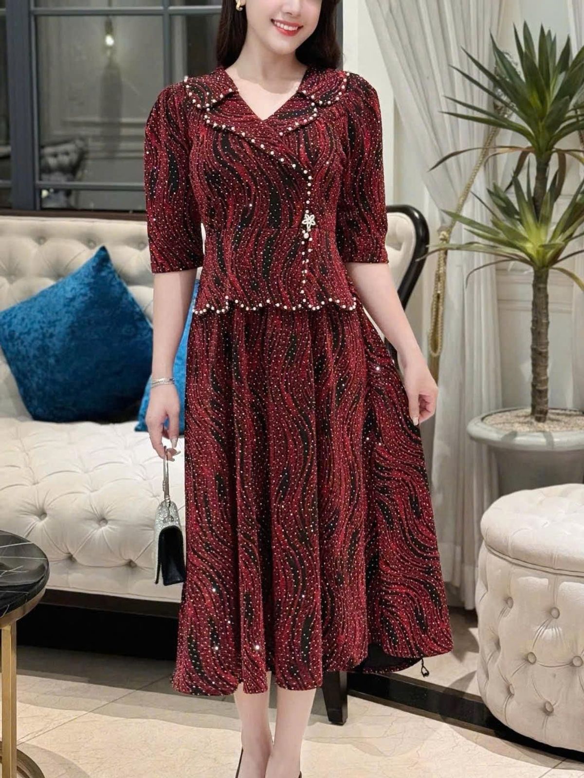 Đầm midi trung niên dự tiệc - công sở, vải thun nhũ cao cấp đính đá, tặng mẹ co giãn tốt bigsize M688 Đầm midi trung niên dự tiệc - công sở, vải thun nhũ cao cấp đính đá, tặng mẹ co giãn tốt bigsize M688