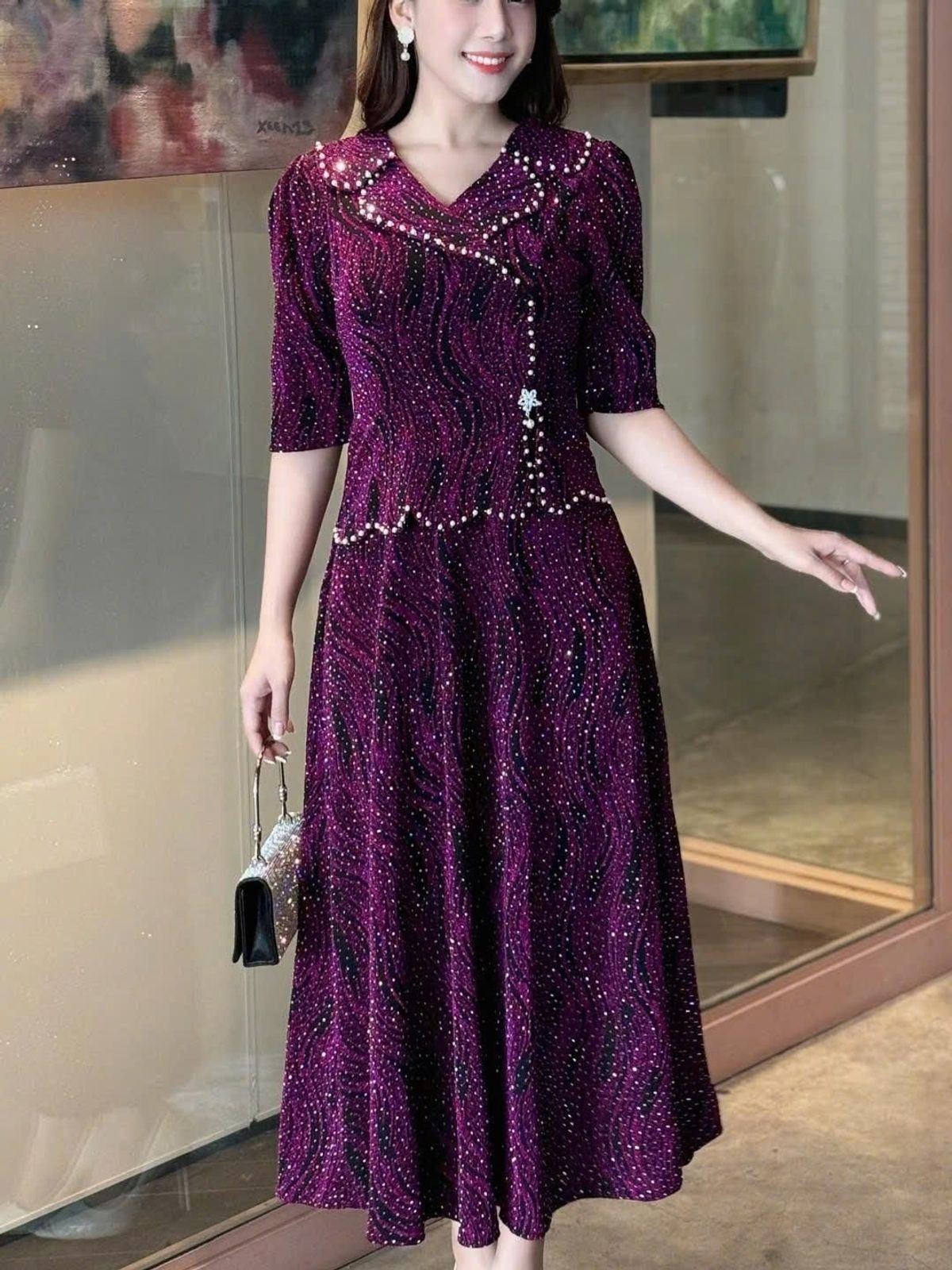 Đầm maxi trung niên dự tiệc - công sở, vải thun nhũ cao cấp đính đá, tặng mẹ co giãn tốt bigsize M695 Đầm maxi trung niên dự tiệc - công sở, vải thun nhũ cao cấp đính đá, tặng mẹ co giãn tốt bigsize M695