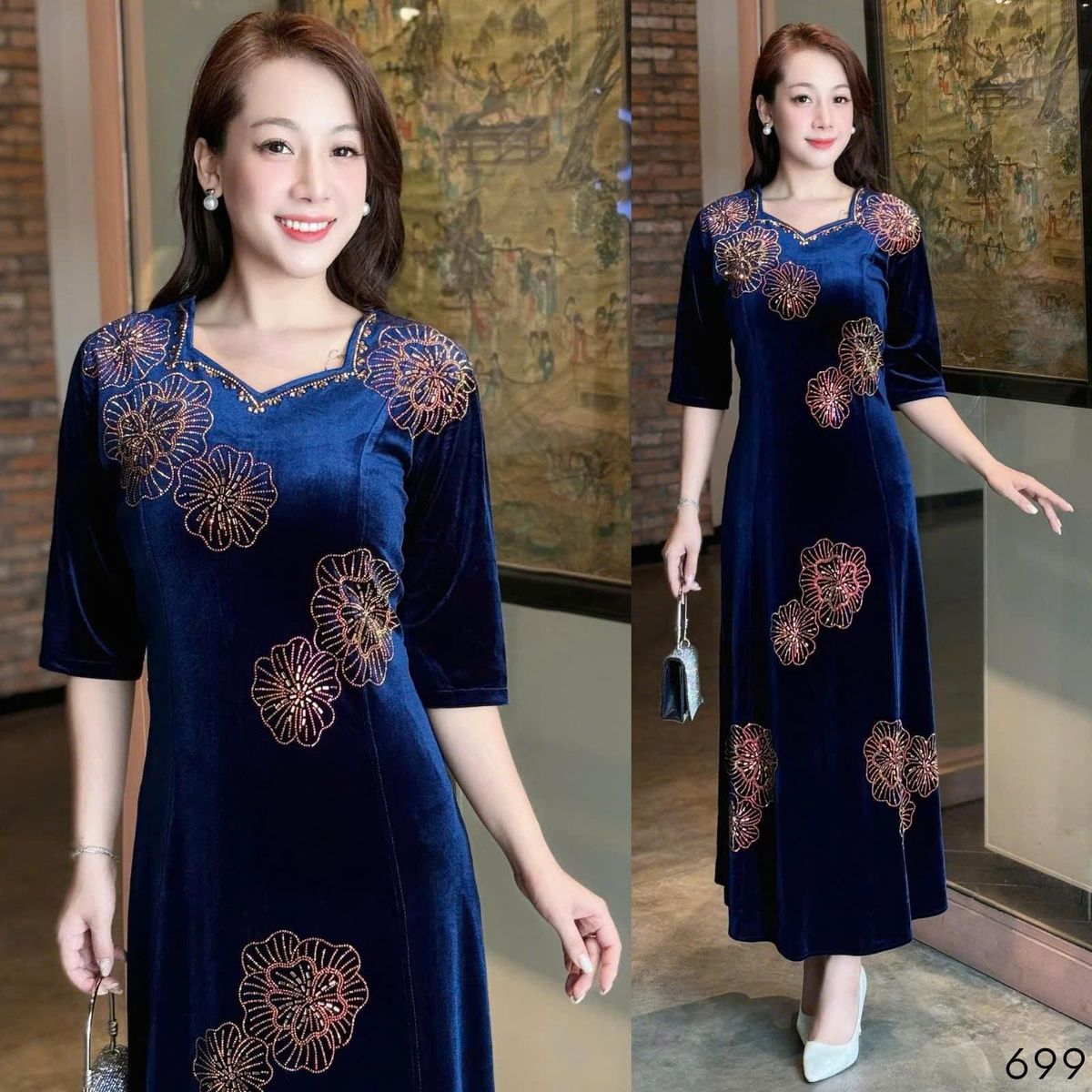 Đầm MAXI trung niên dự tiệc sang trọng vải nhung cao cấp đính đá, tặng mẹ co giãn tốt bigsize 75kg - M699 Đầm MAXI trung niên dự tiệc sang trọng vải nhung cao cấp đính đá, tặng mẹ co giãn tốt bigsize 75kg - M699