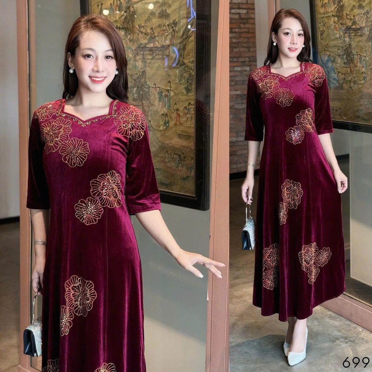 Đầm MAXI trung niên dự tiệc sang trọng vải nhung cao cấp đính đá, tặng mẹ co giãn tốt bigsize 75kg - M699 Đầm MAXI trung niên dự tiệc sang trọng vải nhung cao cấp đính đá, tặng mẹ co giãn tốt bigsize 75kg - M699