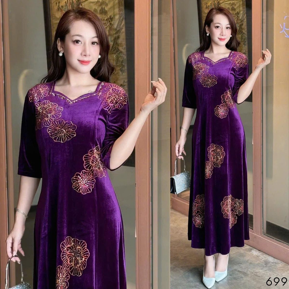 Đầm MAXI trung niên dự tiệc sang trọng vải nhung cao cấp đính đá, tặng mẹ co giãn tốt bigsize 75kg - M699 Đầm MAXI trung niên dự tiệc sang trọng vải nhung cao cấp đính đá, tặng mẹ co giãn tốt bigsize 75kg - M699