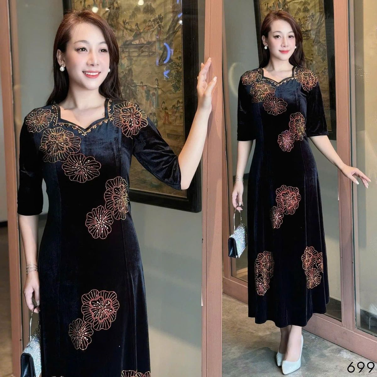 Đầm MAXI trung niên dự tiệc sang trọng vải nhung cao cấp đính đá, tặng mẹ co giãn tốt bigsize 75kg - M699 Đầm MAXI trung niên dự tiệc sang trọng vải nhung cao cấp đính đá, tặng mẹ co giãn tốt bigsize 75kg - M699