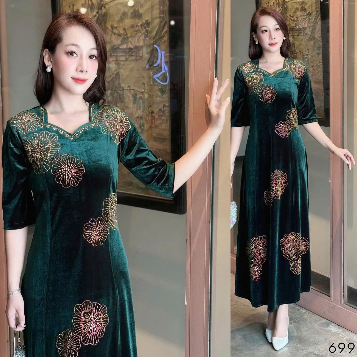 Đầm MAXI trung niên dự tiệc sang trọng vải nhung cao cấp đính đá, tặng mẹ co giãn tốt bigsize 75kg - M699 Đầm MAXI trung niên dự tiệc sang trọng vải nhung cao cấp đính đá, tặng mẹ co giãn tốt bigsize 75kg - M699
