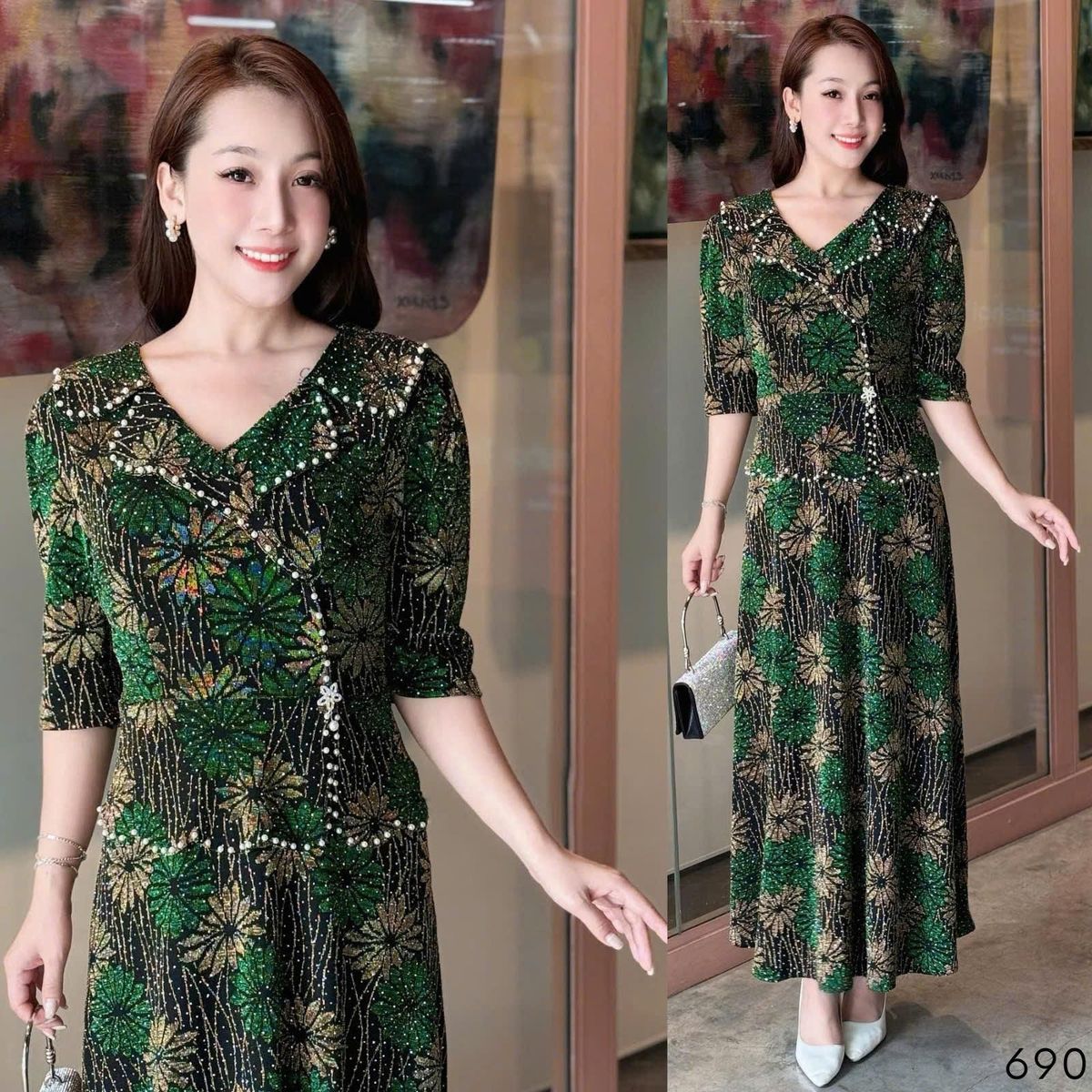 Đầm maxi trung niên dự tiệc - công sở, vải thun nhũ cao cấp đính đá, tặng mẹ co giãn tốt bigsize M690 Đầm maxi trung niên dự tiệc - công sở, vải thun nhũ cao cấp đính đá, tặng mẹ co giãn tốt bigsize M690