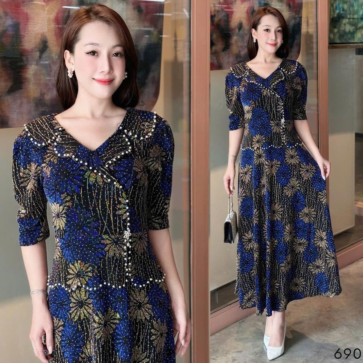 Đầm maxi trung niên dự tiệc - công sở, vải thun nhũ cao cấp đính đá, tặng mẹ co giãn tốt bigsize M690 Đầm maxi trung niên dự tiệc - công sở, vải thun nhũ cao cấp đính đá, tặng mẹ co giãn tốt bigsize M690
