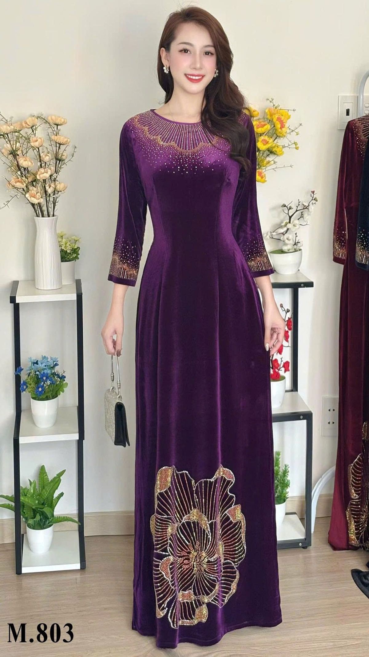 Áo dài cách tân nhung mềm mại, kiểu dáng sang trọng dự tiệc, hoạ tiết đá ép cao cấp, co giãn, bigsize 75kg - M803 Áo dài cách tân nhung mềm mại, kiểu dáng sang trọng dự tiệc, hoạ tiết đá ép cao cấp, co giãn, bigsize 75kg - M803