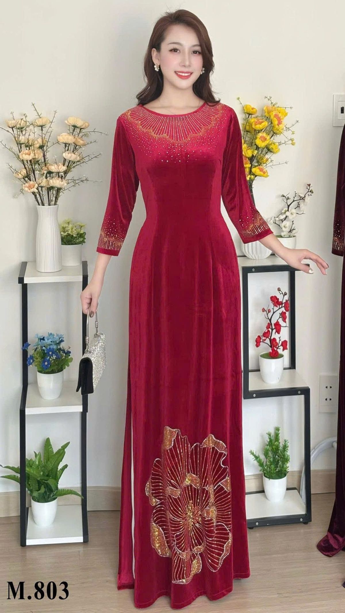 Áo dài cách tân nhung mềm mại, kiểu dáng sang trọng dự tiệc, hoạ tiết đá ép cao cấp, co giãn, bigsize 75kg - M803 Áo dài cách tân nhung mềm mại, kiểu dáng sang trọng dự tiệc, hoạ tiết đá ép cao cấp, co giãn, bigsize 75kg - M803