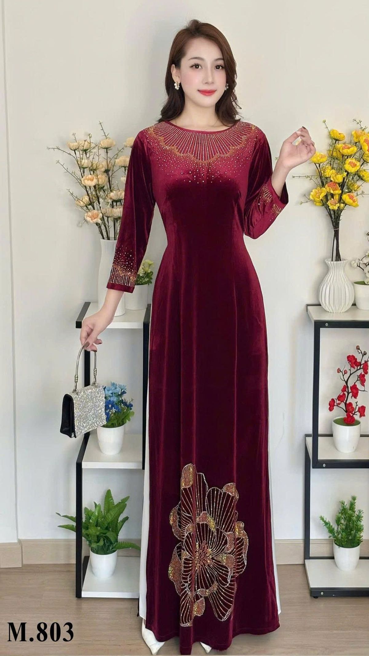 Áo dài cách tân nhung mềm mại, kiểu dáng sang trọng dự tiệc, hoạ tiết đá ép cao cấp, co giãn, bigsize 75kg - M803 Áo dài cách tân nhung mềm mại, kiểu dáng sang trọng dự tiệc, hoạ tiết đá ép cao cấp, co giãn, bigsize 75kg - M803