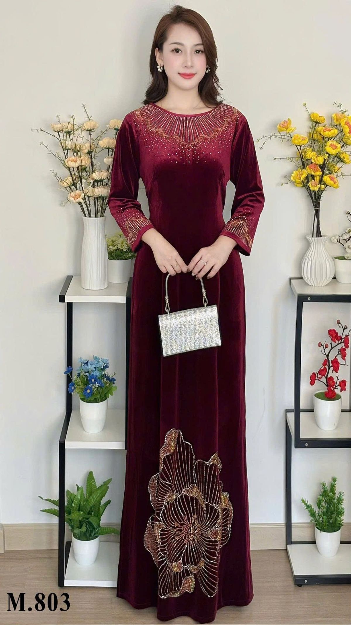 Áo dài cách tân nhung mềm mại, kiểu dáng sang trọng dự tiệc, hoạ tiết đá ép cao cấp, co giãn, bigsize 75kg - M803 Áo dài cách tân nhung mềm mại, kiểu dáng sang trọng dự tiệc, hoạ tiết đá ép cao cấp, co giãn, bigsize 75kg - M803