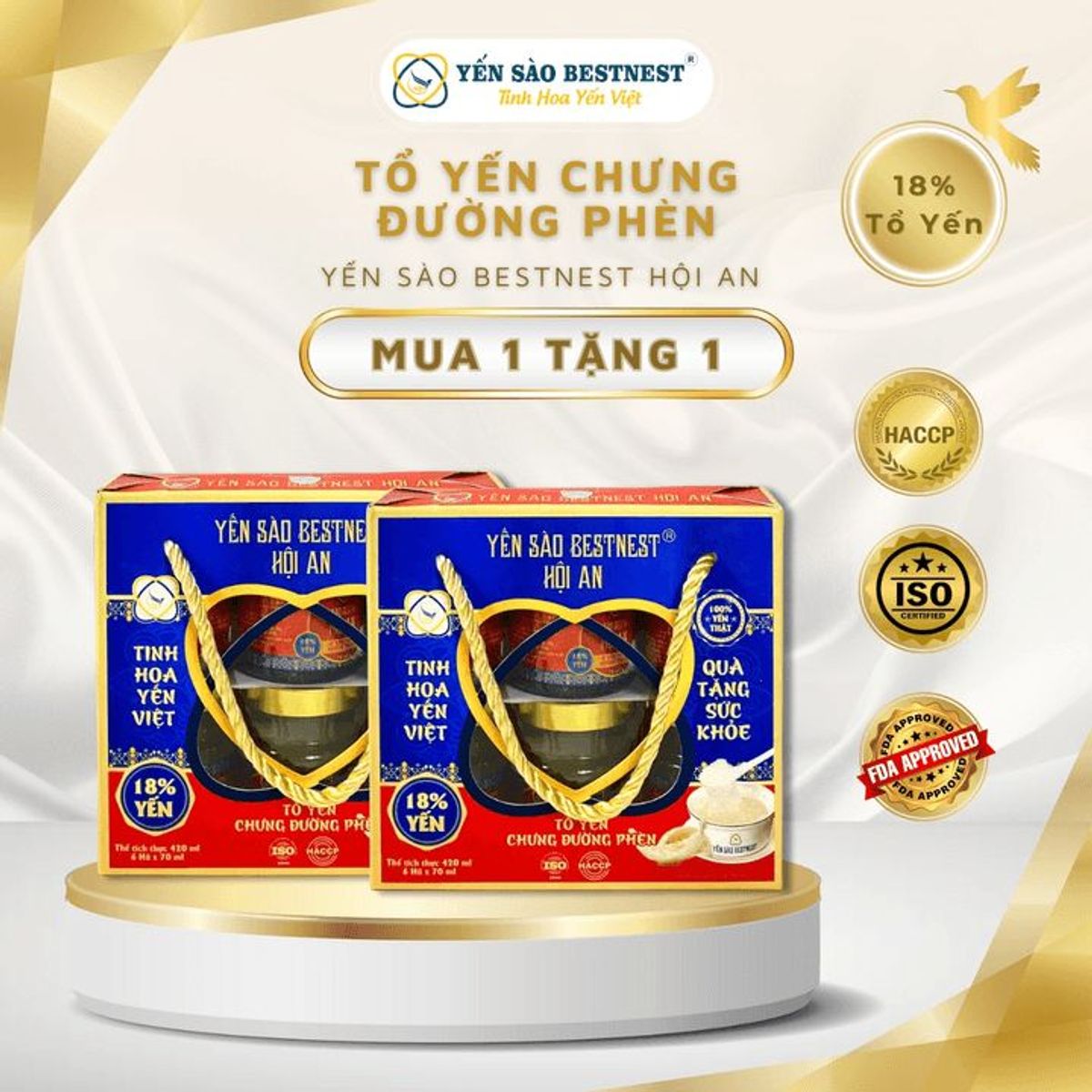 YẾN SÀO BESTNEST HỘI AN - TỔ YẾN CHƯNG SẴN ĐƯỜNG PHÈN 18% - HỘP QUAI XÁCH 6 HŨ X 70ML YẾN SÀO BESTNEST HỘI AN - TỔ YẾN CHƯNG SẴN ĐƯỜNG PHÈN 18% - HỘP QUAI XÁCH 6 HŨ X 70ML