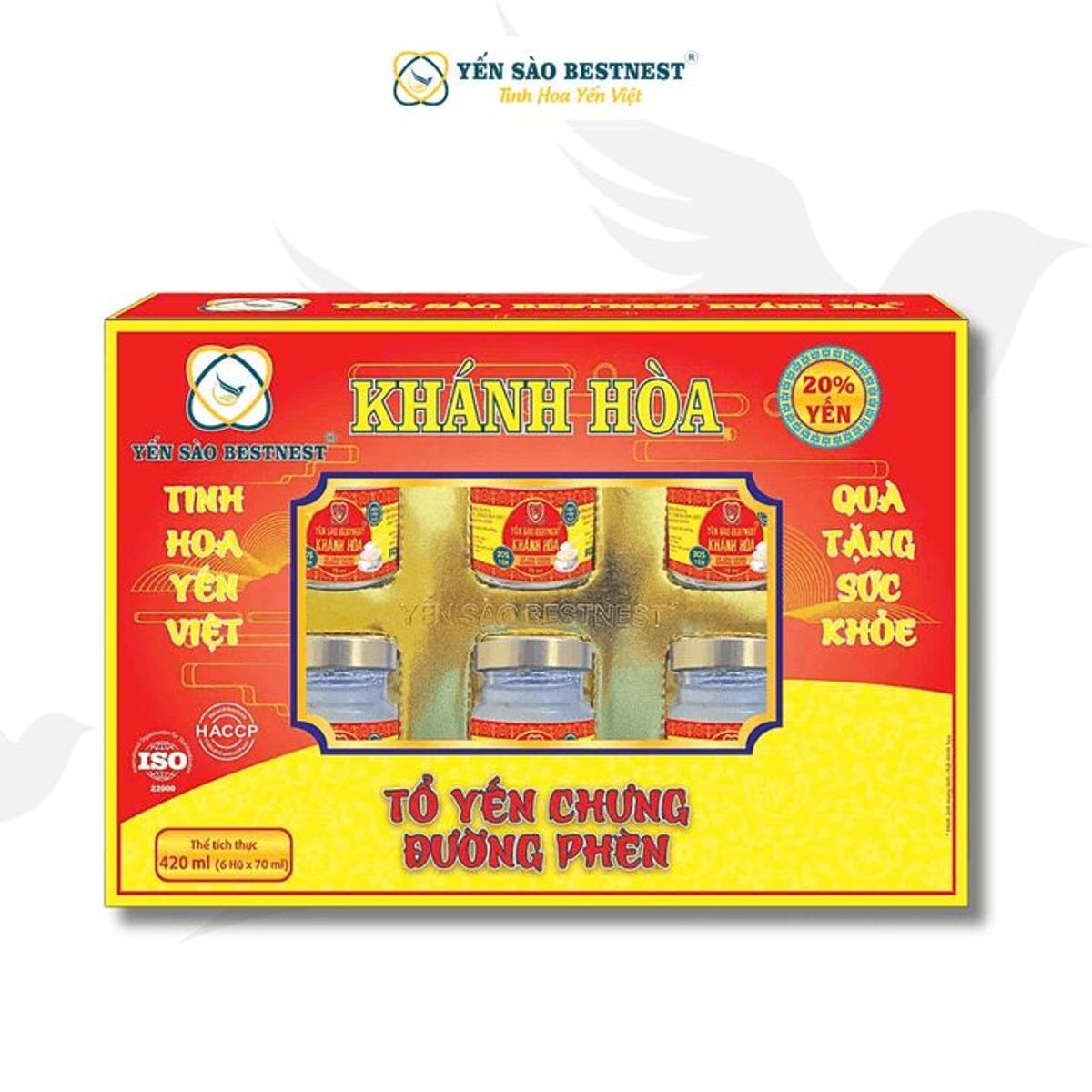 YẾN SÀO BESTNEST KHÁNH HOÀ - TỔ YẾN CHƯNG SẴN ĐƯỜNG PHÈN 20% (HỘP 6 HŨ X 70ML) YẾN SÀO BESTNEST KHÁNH HOÀ - TỔ YẾN CHƯNG SẴN ĐƯỜNG PHÈN 20% (HỘP 6 HŨ X 70ML)