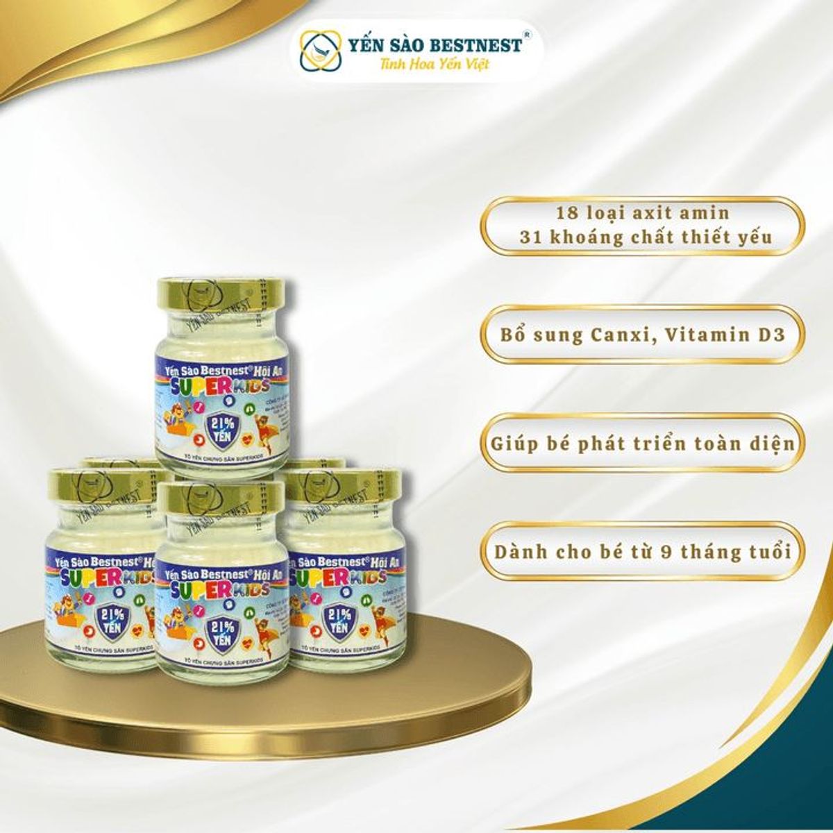 YẾN SÀO BESTNEST HỘI AN - YẾN SÀO CHƯNG SẴN SUPERKID'S 21% - HỘP 4 HŨ X 70ML YẾN SÀO BESTNEST HỘI AN - YẾN SÀO CHƯNG SẴN SUPERKID'S 21% - HỘP 4 HŨ X 70ML