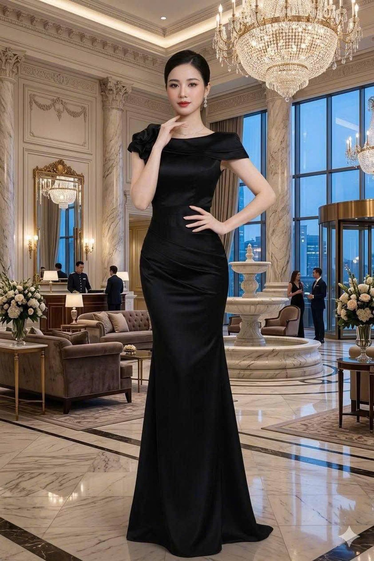 Đầm dạ hội trễ vai Thun cotton lụa nhập cách điệu sang trọng hàng cao cấp Đầm dạ hội trễ vai Thun cotton lụa nhập cách điệu sang trọng hàng cao cấp