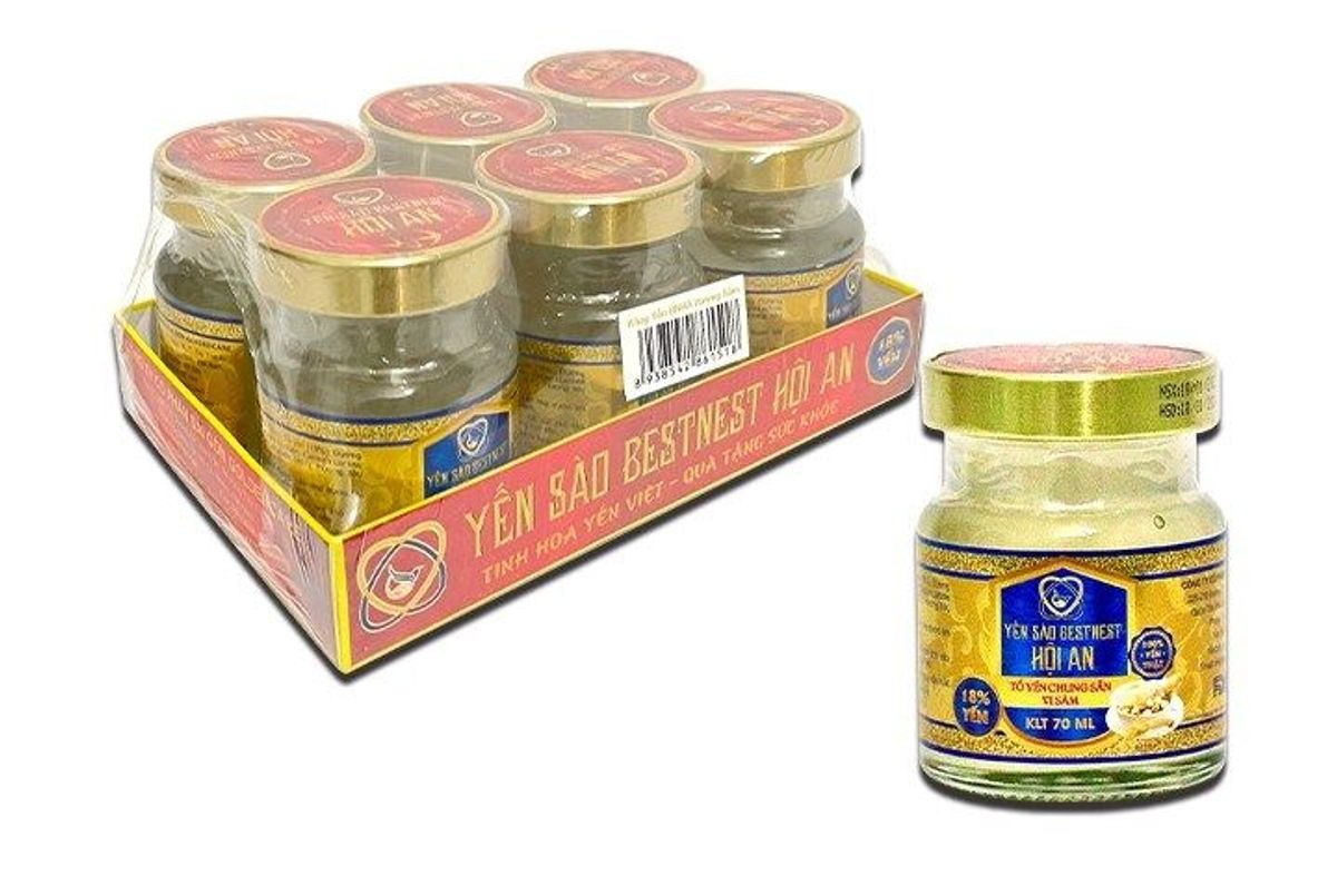YẾN SÀO BESTNEST HỘI AN - TỔ YẾN CHƯNG SẴN NHÂN SÂM 18% - HỘP QUAI XÁCH 6 HŨ X 70ML YẾN SÀO BESTNEST HỘI AN - TỔ YẾN CHƯNG SẴN NHÂN SÂM 18% - HỘP QUAI XÁCH 6 HŨ X 70ML