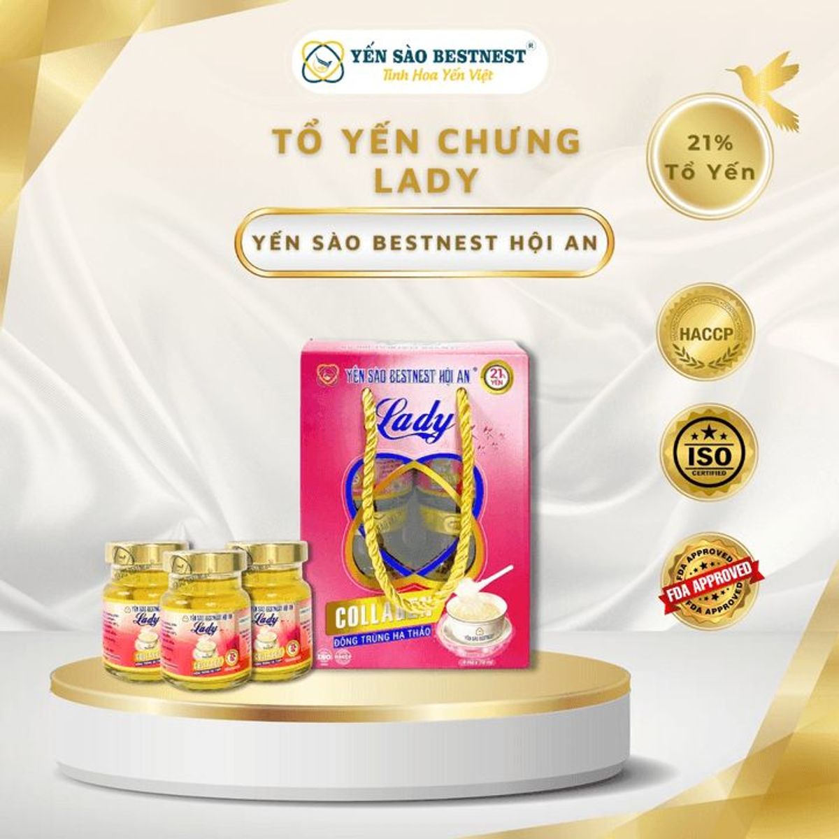 YẾN SÀO BESTNEST HỘI AN - YẾN SÀO CHƯNG SẴN LADY 21% - HỘP 4 HŨ 4 X 70ML YẾN SÀO BESTNEST HỘI AN - YẾN SÀO CHƯNG SẴN LADY 21% - HỘP 4 HŨ 4 X 70ML