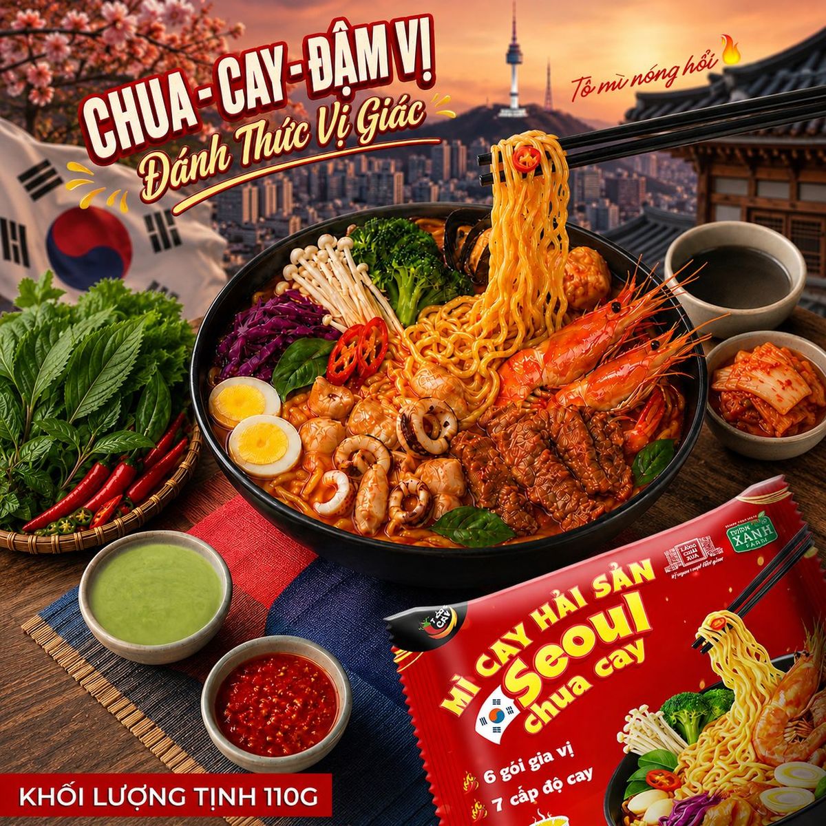 Mì Cay Hải Sản Seoul Chua Cay 7 Cấp Độ 6 Gói Gia Vị Làng Chài Xưa - Thôn Xanh Farm Mì Cay Hải Sản Seoul Chua Cay 7 Cấp Độ 6 Gói Gia Vị Làng Chài Xưa - Thôn Xanh Farm