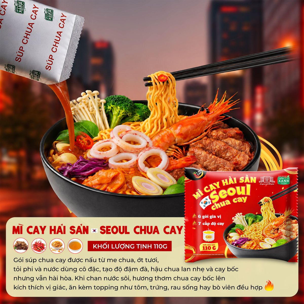 Combo 3 Gói Mì Cay Hải Sản Seoul Chua Cay 7 Cấp Độ 6 Gói Gia Vị Làng Chài Xưa - Thôn Xanh Farm Combo 3 Gói Mì Cay Hải Sản Seoul Chua Cay 7 Cấp Độ 6 Gói Gia Vị Làng Chài Xưa - Thôn Xanh Farm