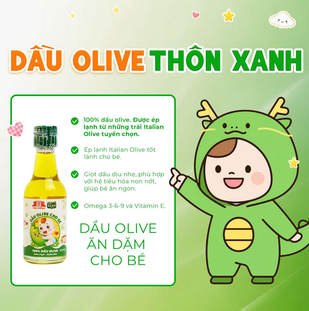 Dầu Olive Nguyên Chất Thôn Xanh Chai 60ml Ép Lạnh Từ ITALIAN OLIVE cho bé ăn dặm Làng Chài Xưa Dầu Olive Nguyên Chất Thôn Xanh Chai 60ml Ép Lạnh Từ ITALIAN OLIVE cho bé ăn dặm Làng Chài Xưa