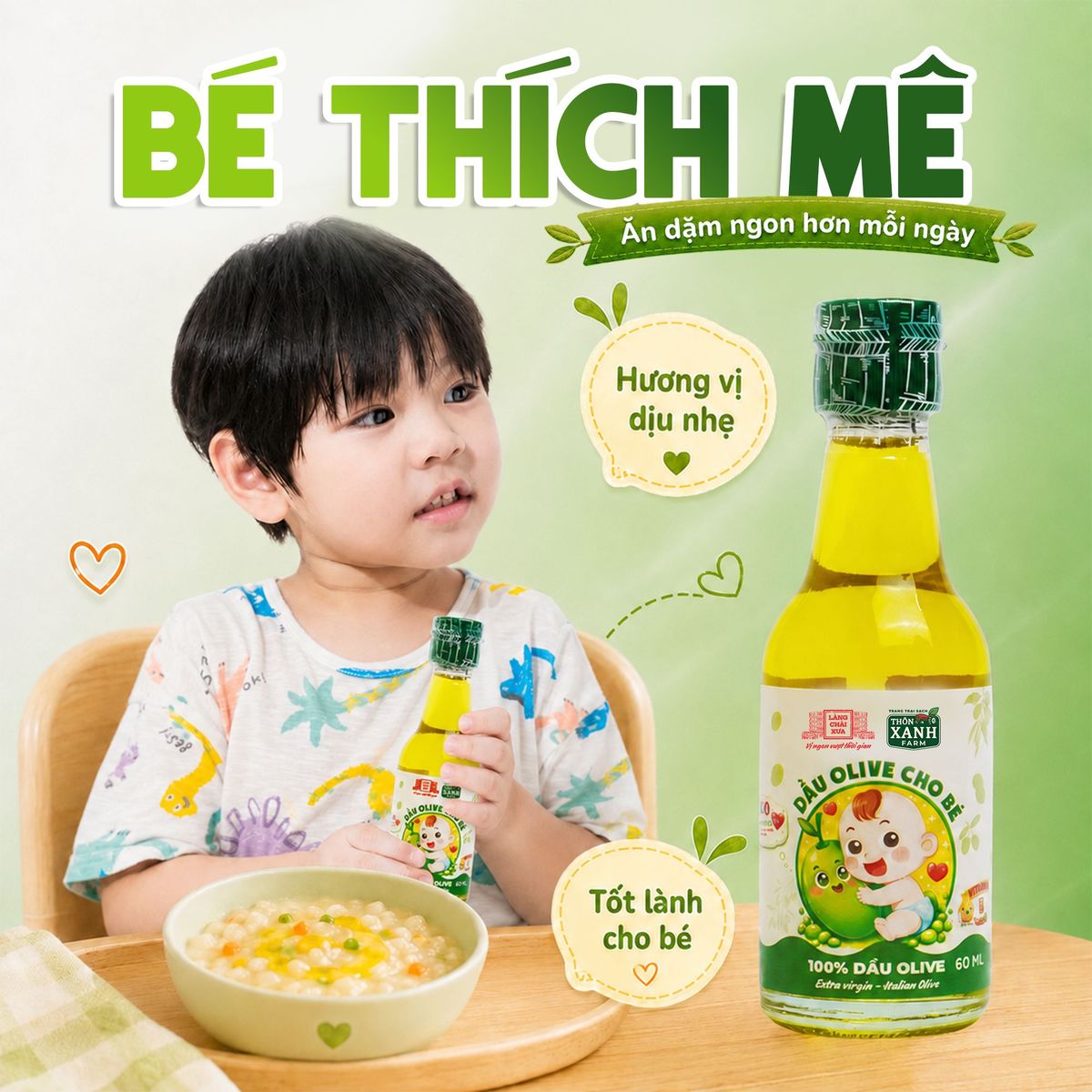 Dầu Olive Nguyên Chất Thôn Xanh Chai 60ml Ép Lạnh Từ ITALIAN OLIVE cho bé ăn dặm Làng Chài Xưa Dầu Olive Nguyên Chất Thôn Xanh Chai 60ml Ép Lạnh Từ ITALIAN OLIVE cho bé ăn dặm Làng Chài Xưa
