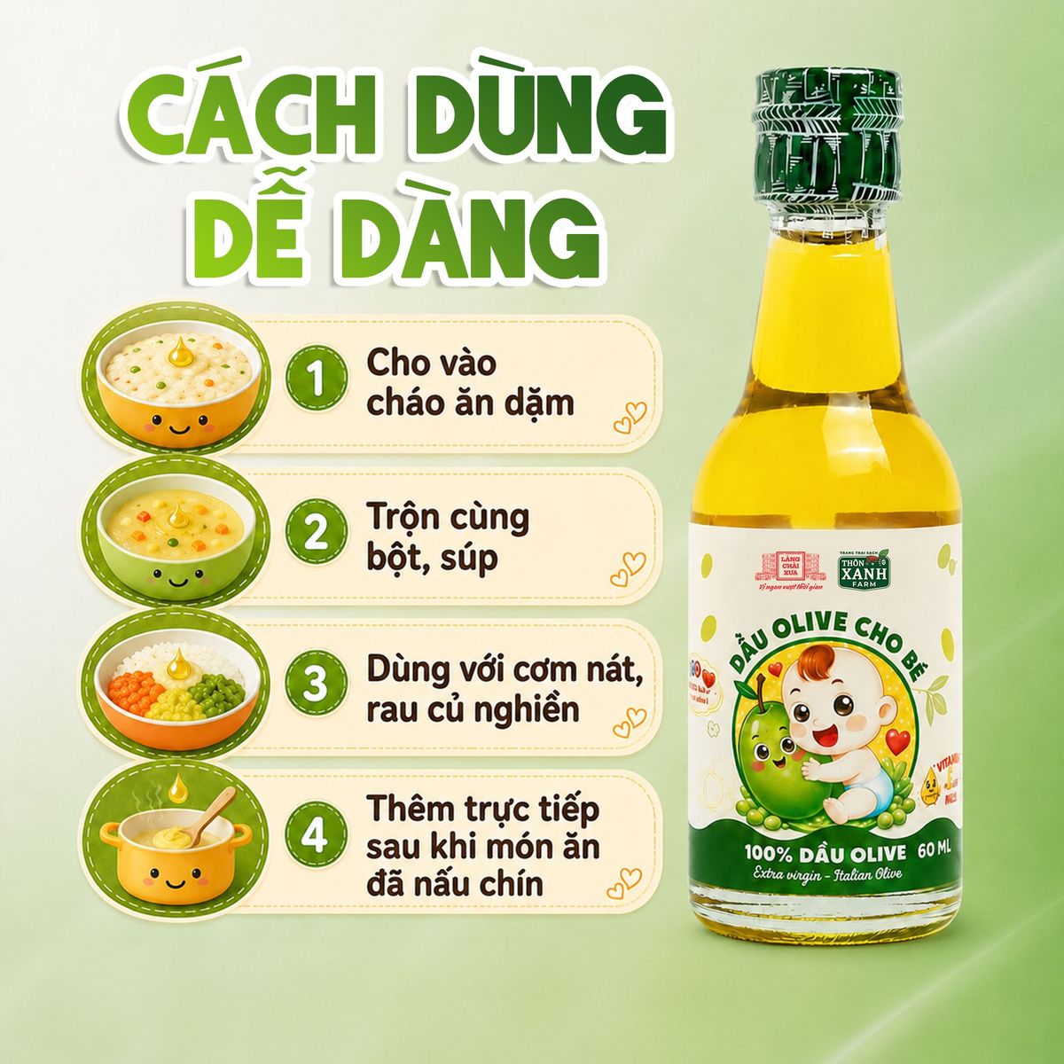 Dầu Olive Nguyên Chất Thôn Xanh Chai 60ml Ép Lạnh Từ ITALIAN OLIVE cho bé ăn dặm Làng Chài Xưa Dầu Olive Nguyên Chất Thôn Xanh Chai 60ml Ép Lạnh Từ ITALIAN OLIVE cho bé ăn dặm Làng Chài Xưa